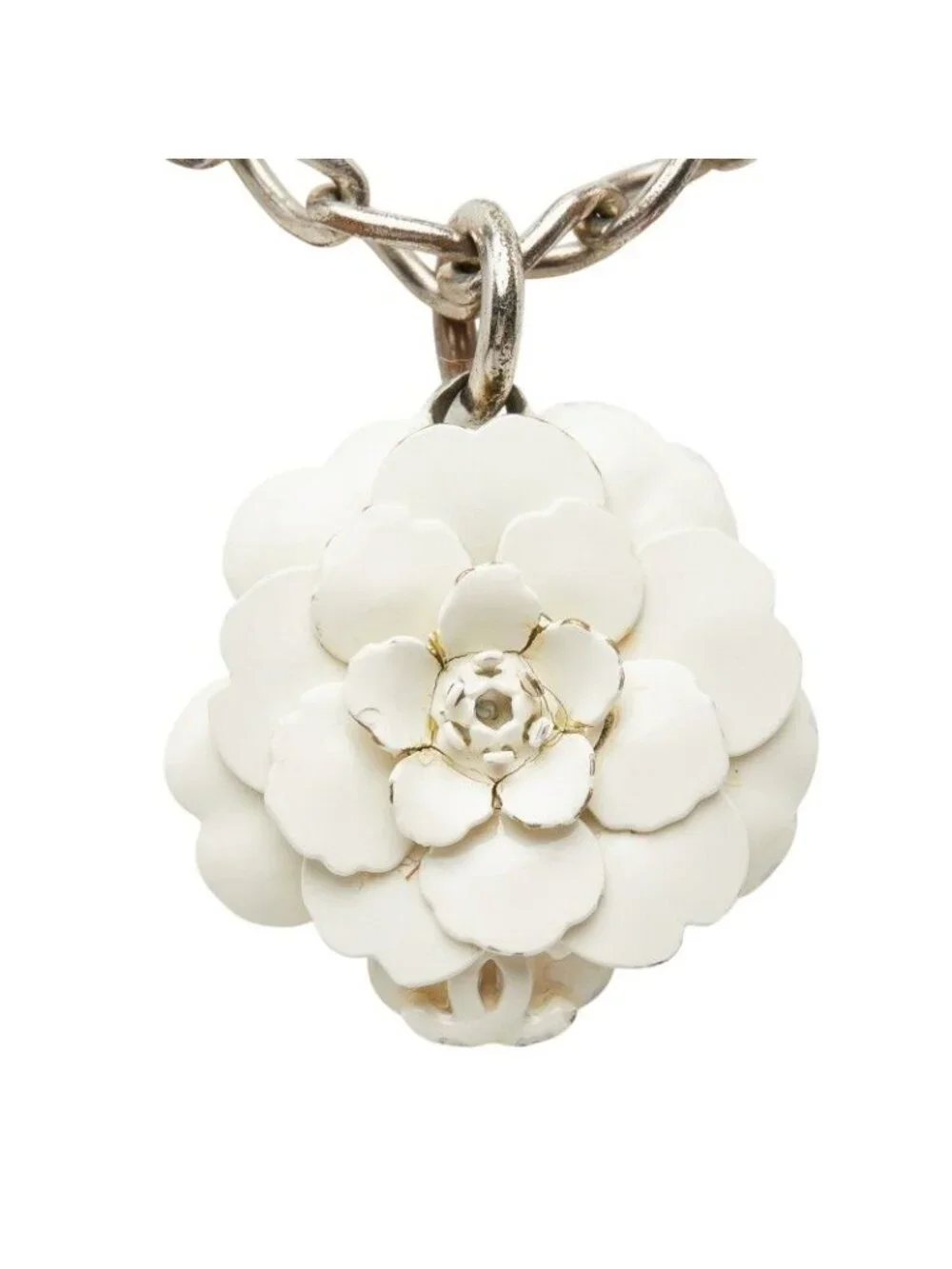Chanel CC Logo Camellia Motif Necklace Silver White Metal